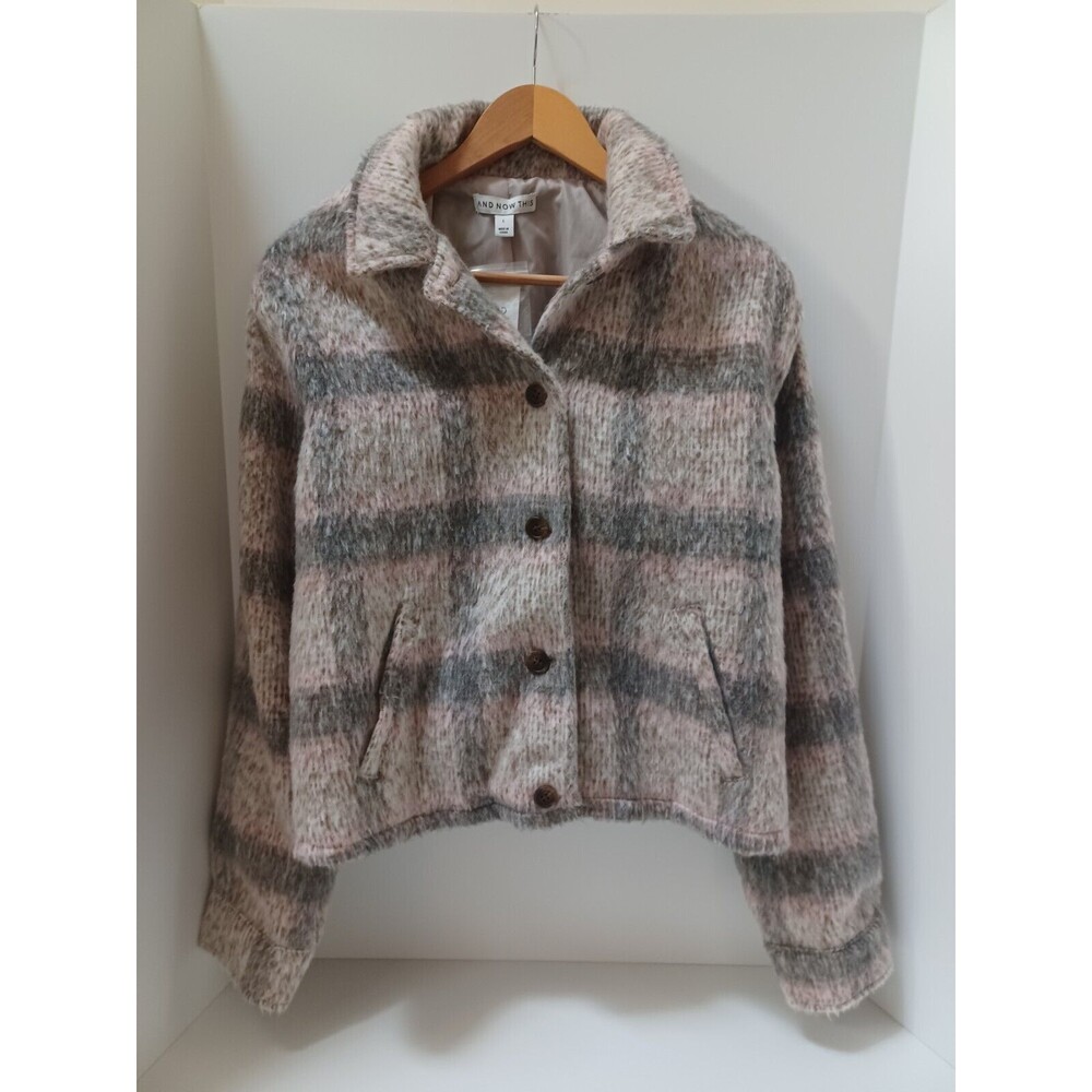 AND NOW THIS Cropped Shacket Jacket Coat Pink Grey Plaid Womens Large NWT